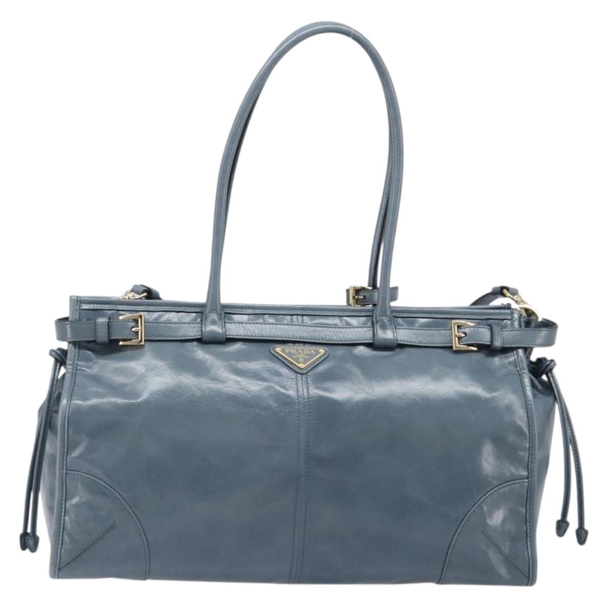 PRADA Bonnie Large Hand Bag Leather 2way Blue Gold Auth yk20726SAM