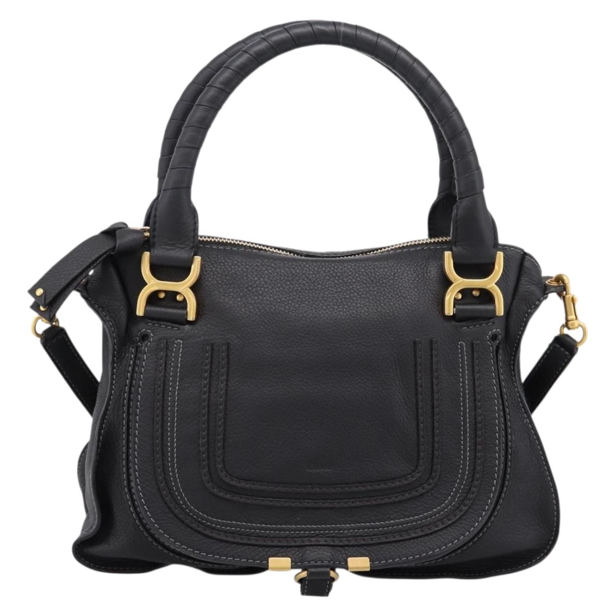 Chloe Marcie Hand Bag Leather 2way Black Gold Auth yk20751V