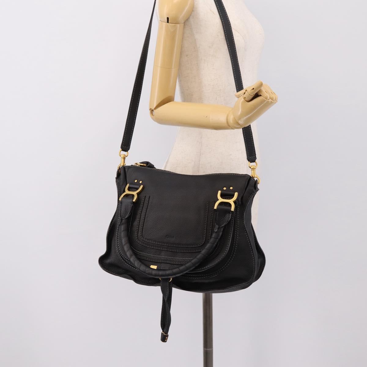 Chloe Marcie Hand Bag Leather 2way Black Gold Auth yk20751V