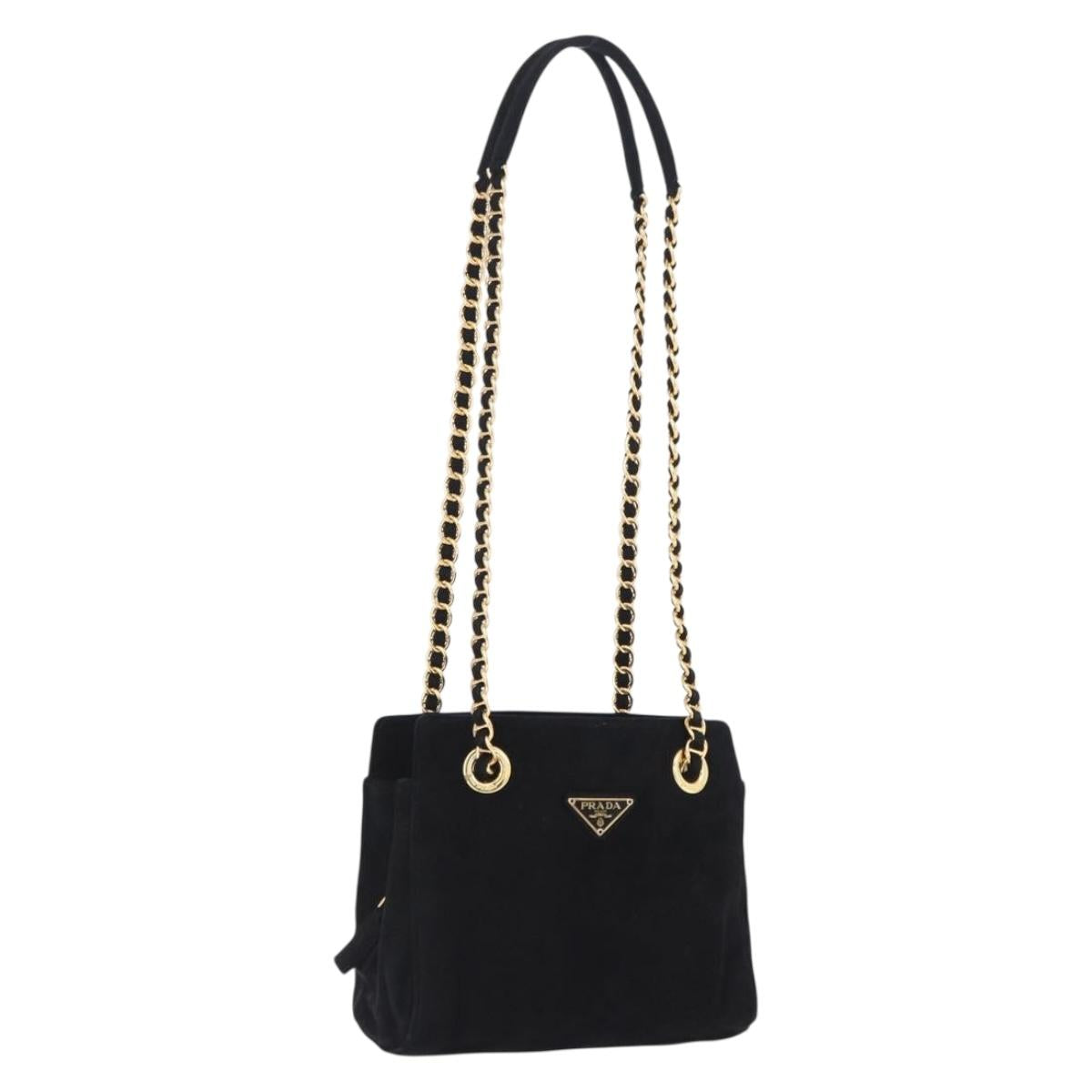 PRADA Chain Shoulder Bag Suede Black Gold Auth yk20760V