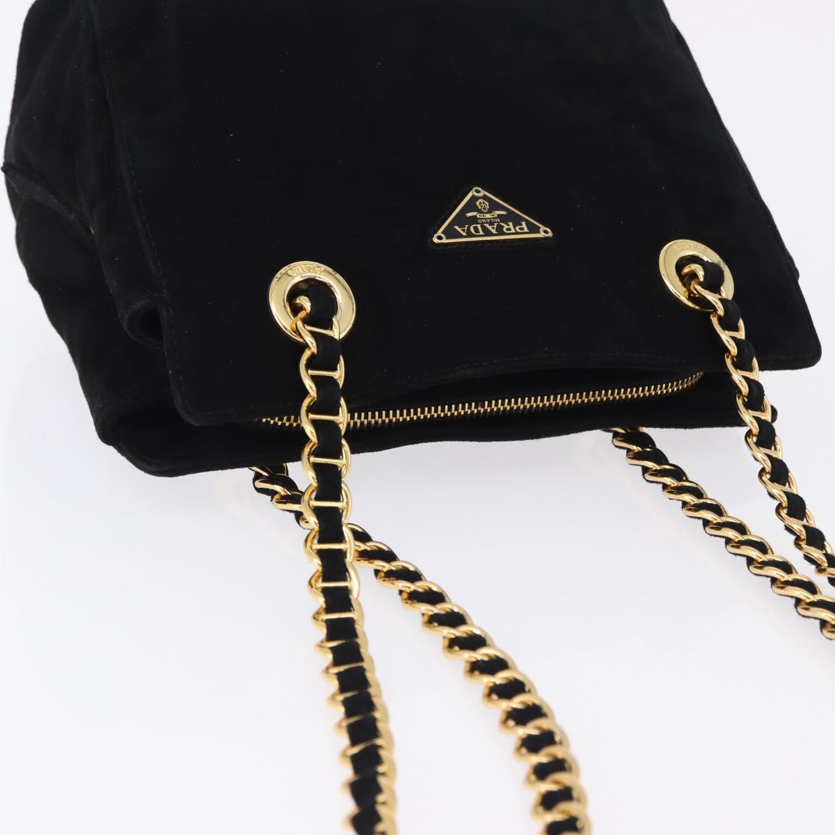 PRADA Chain Shoulder Bag Suede Black Gold Auth yk20760V