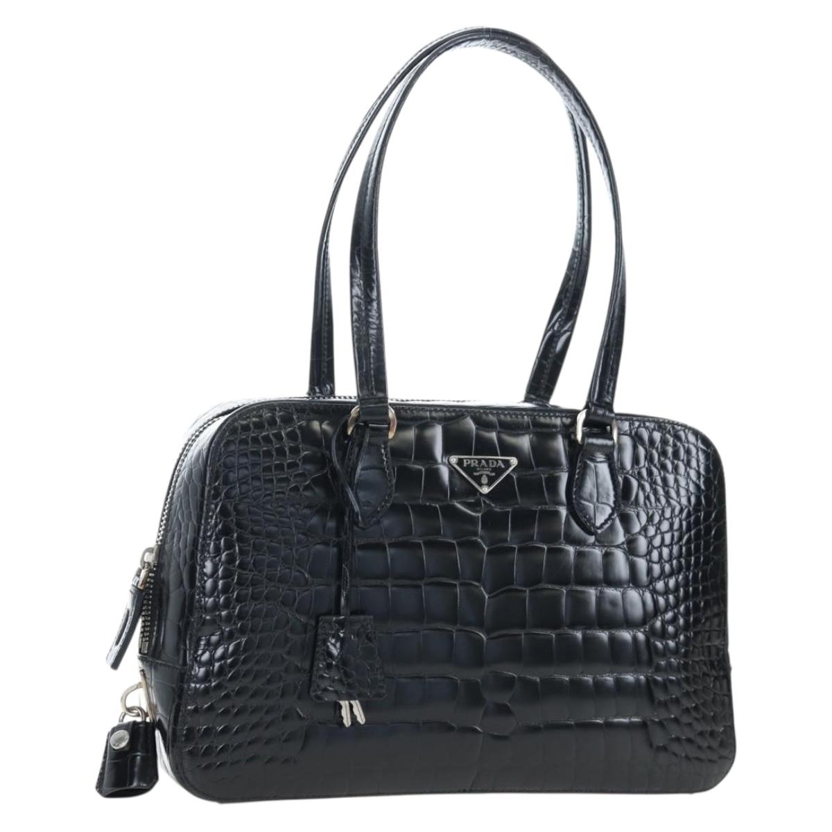 PRADA Hand Bag Embossed Leather Black Silver Auth yk20763SAM