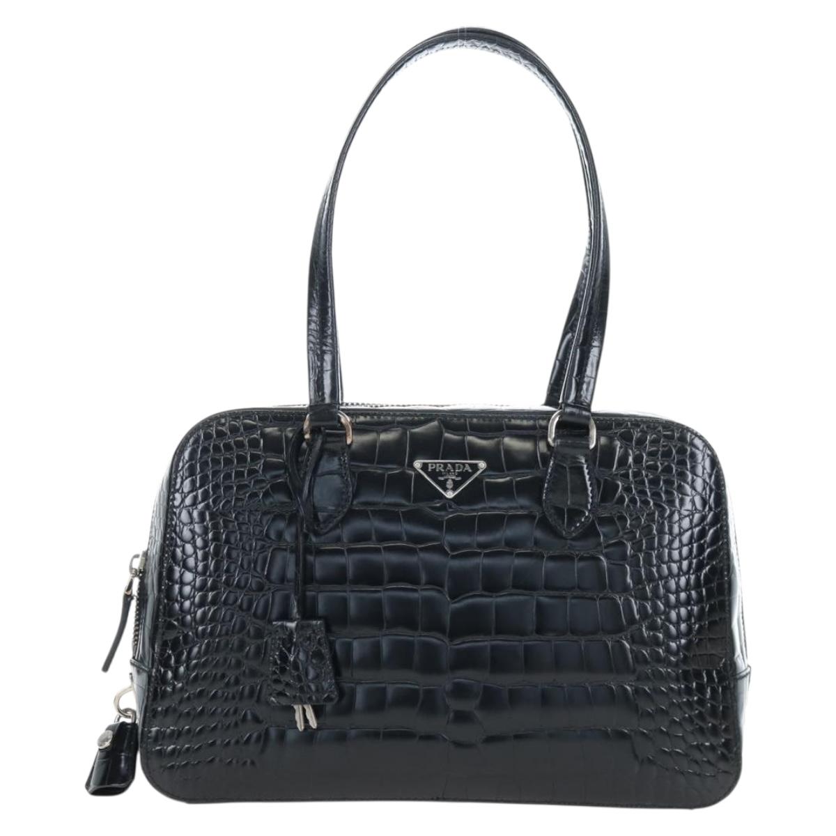 PRADA Hand Bag Embossed Leather Black Silver Auth yk20763SAM