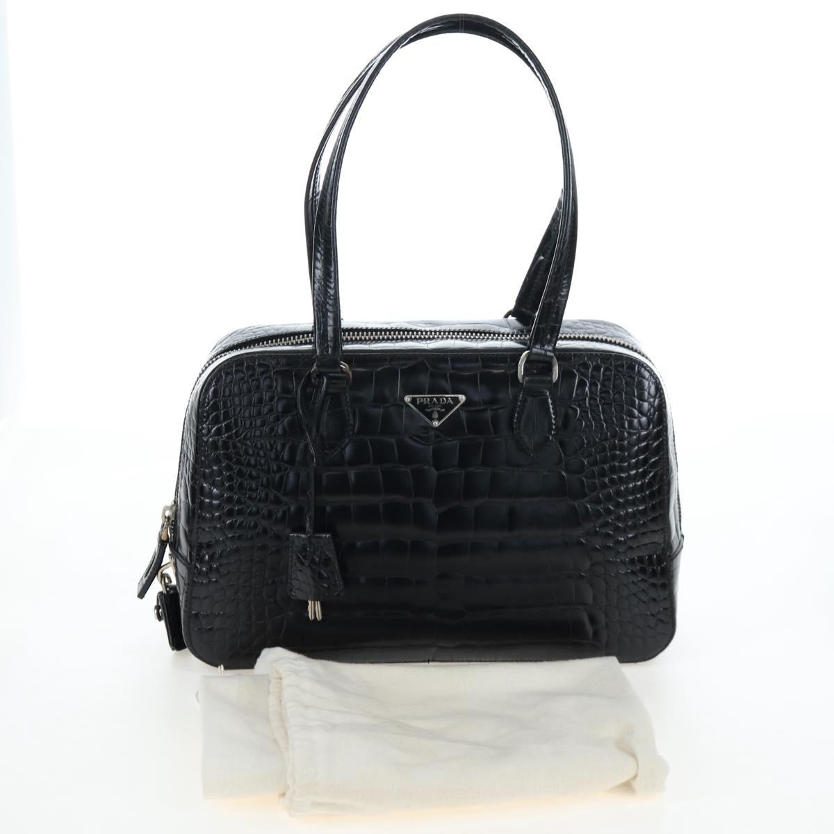 PRADA Hand Bag Embossed Leather Black Silver Auth yk20763SAM