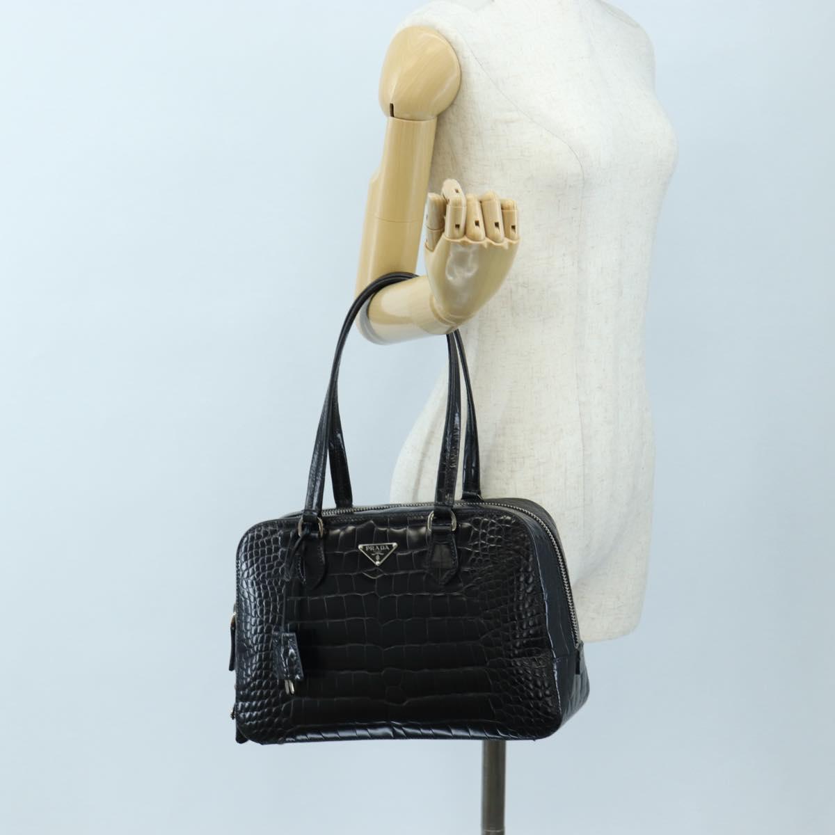 PRADA Hand Bag Embossed Leather Black Silver Auth yk20763SAM