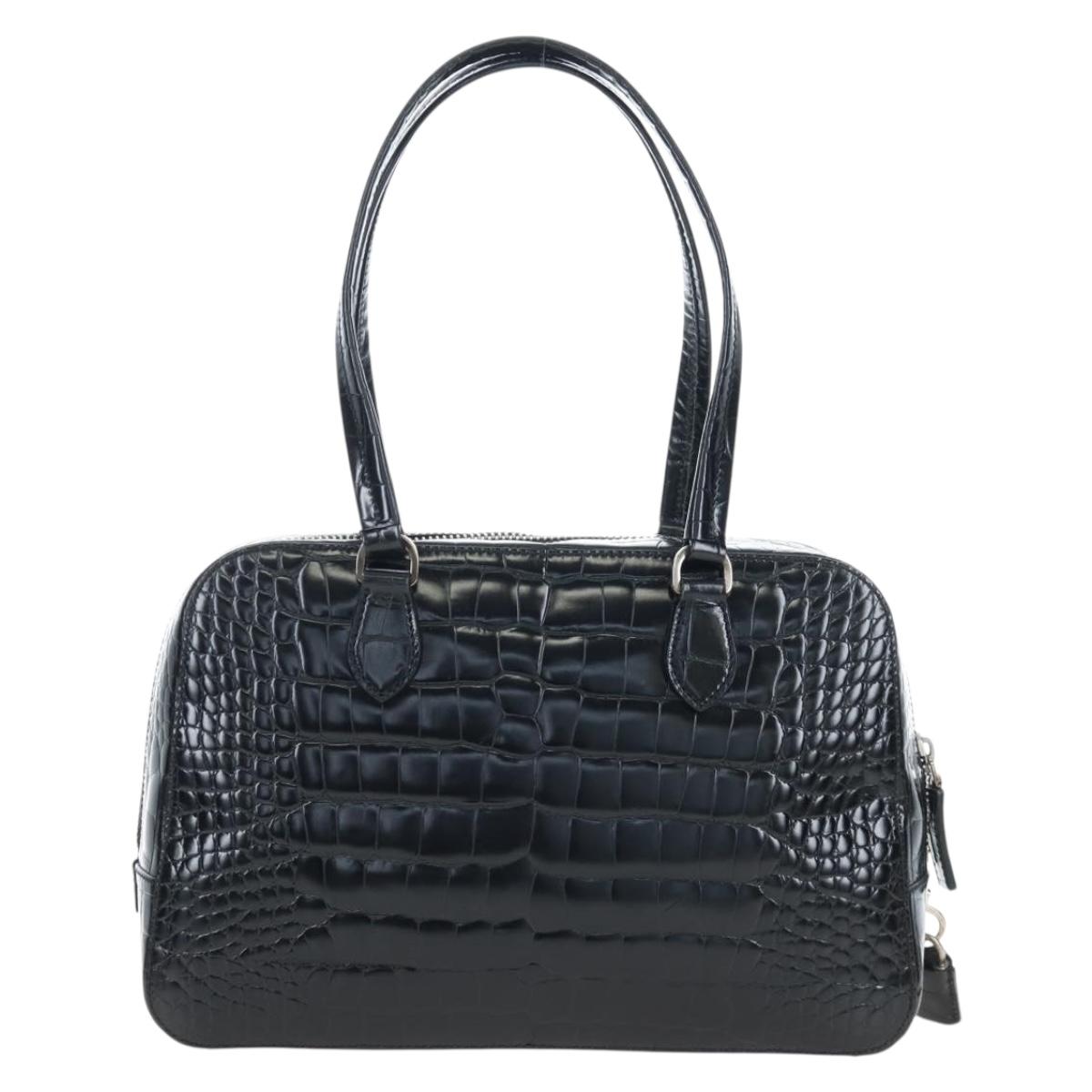 PRADA Hand Bag Embossed Leather Black Silver Auth yk20763SAM