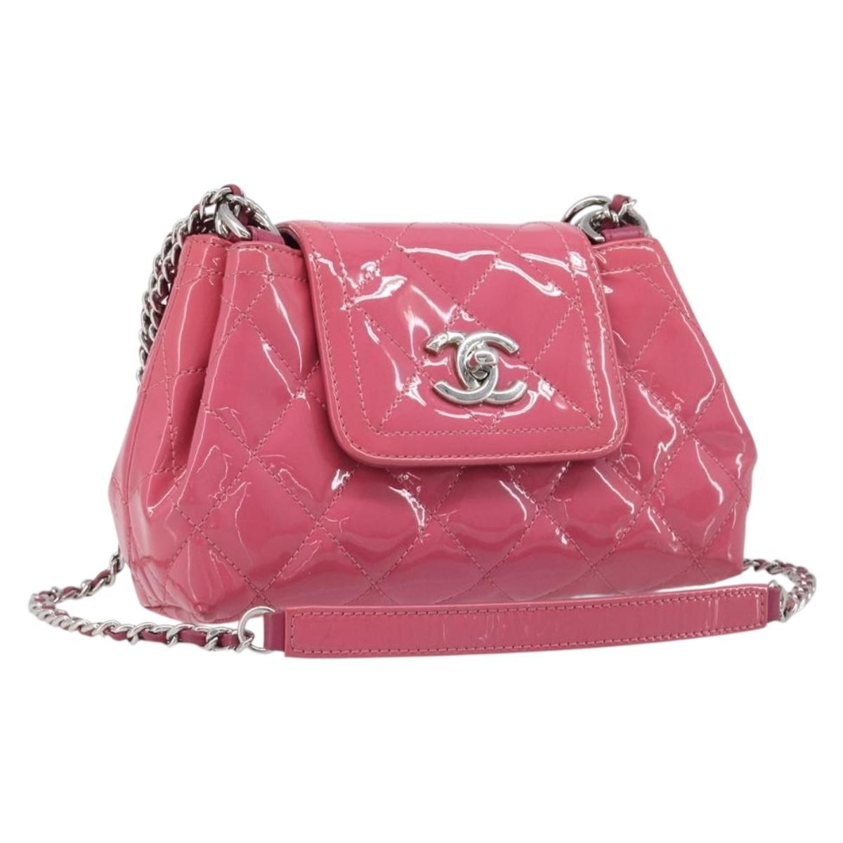 CHANEL Matelasse Chain Shoulder Bag Patent leather Pink Silver CC Auth yk20768V