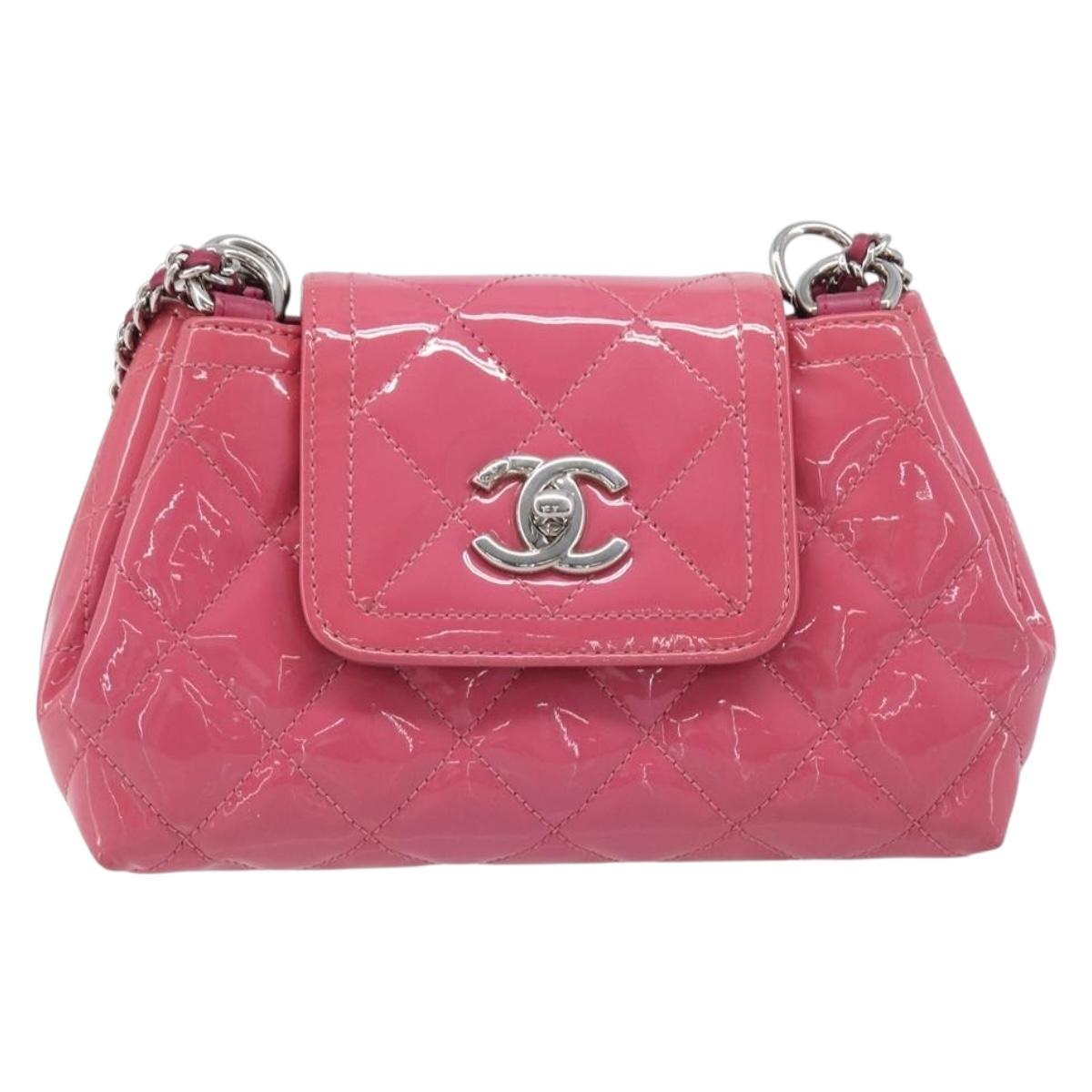 CHANEL Matelasse Chain Shoulder Bag Patent leather Pink Silver CC Auth yk20768V
