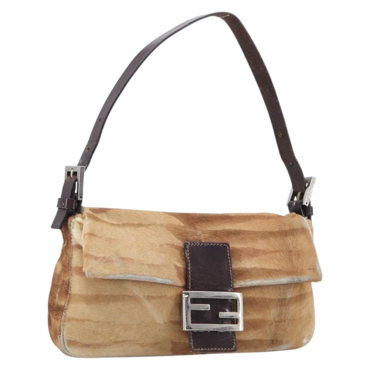 FENDI Mamma Baguette Hand Bag Harako Leather Brown Silver Auth yk20783A