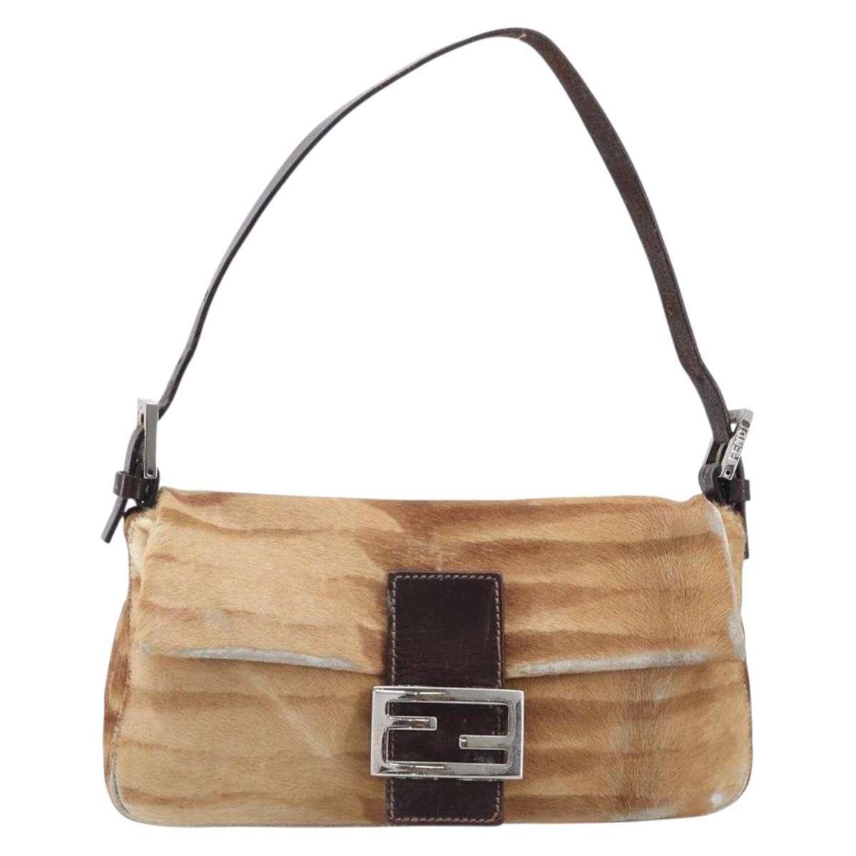 FENDI Mamma Baguette Hand Bag Harako Leather Brown Silver Auth yk20783A
