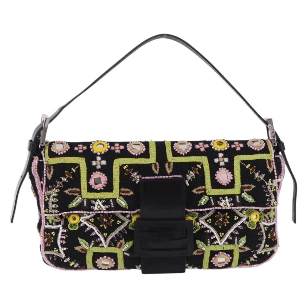 FENDI Mamma Baguette Shoulder Bag Canvas Beads Multicolor Silver Auth yk20784SAM
