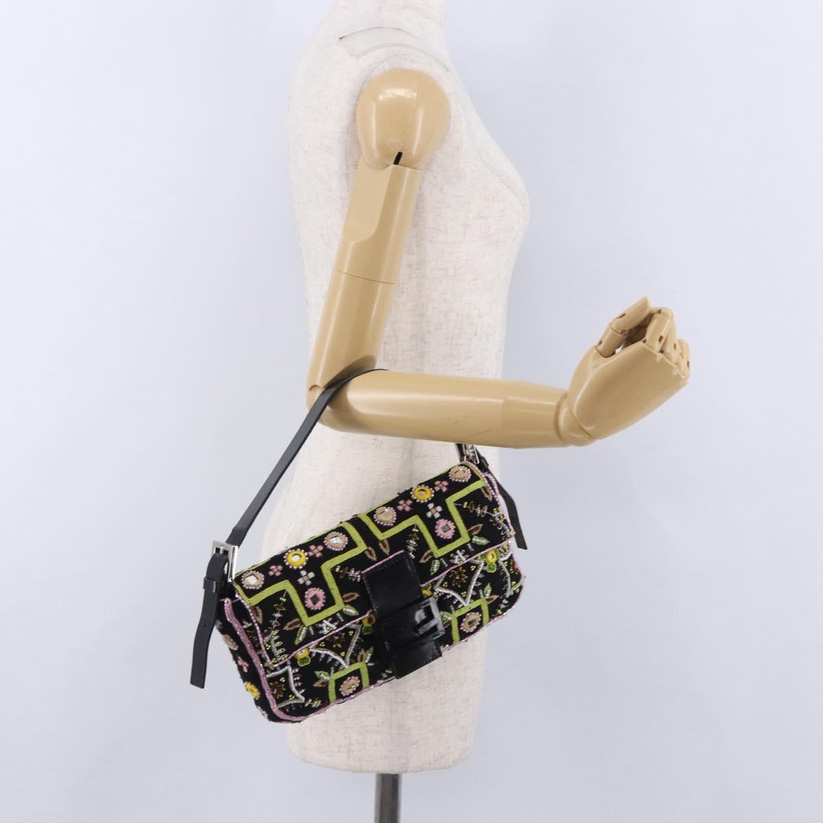 FENDI Mamma Baguette Shoulder Bag Canvas Beads Multicolor Silver Auth yk20784SAM