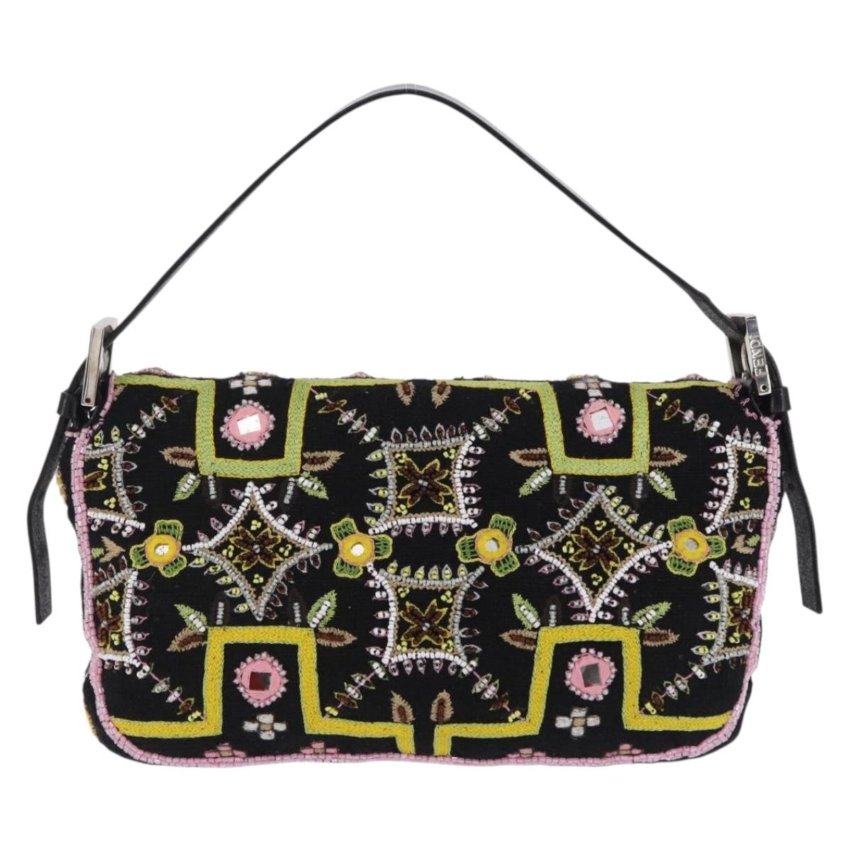 FENDI Mamma Baguette Shoulder Bag Canvas Beads Multicolor Silver Auth yk20784SAM
