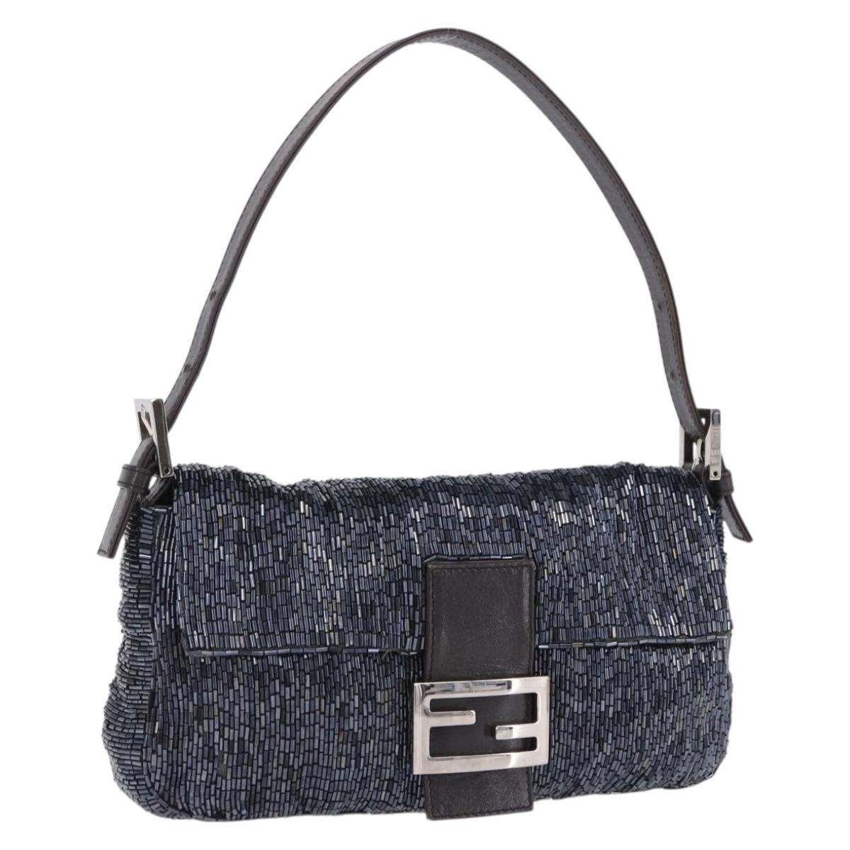FENDI Mamma Baguette Shoulder Bag beads Navy Silver Auth yk20785SAM