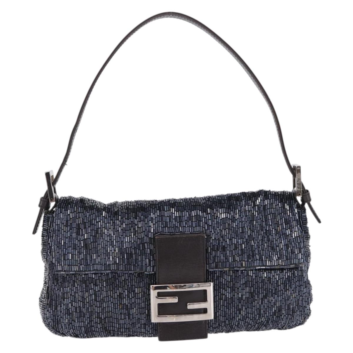 FENDI Mamma Baguette Shoulder Bag beads Navy Silver Auth yk20785SAM