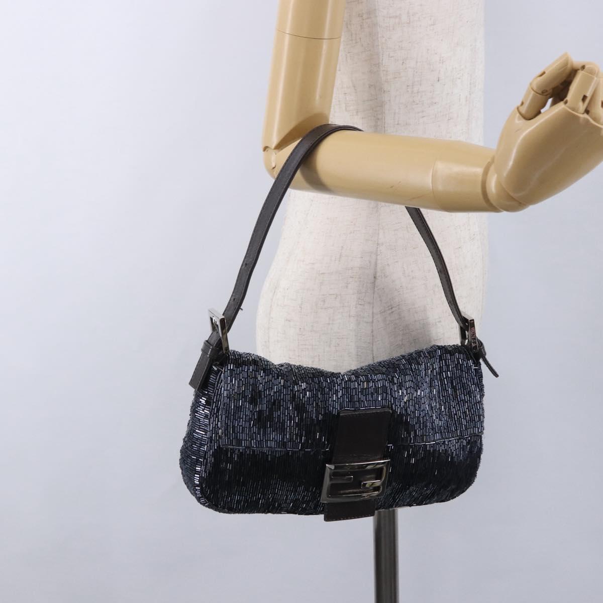 FENDI Mamma Baguette Shoulder Bag beads Navy Silver Auth yk20785SAM