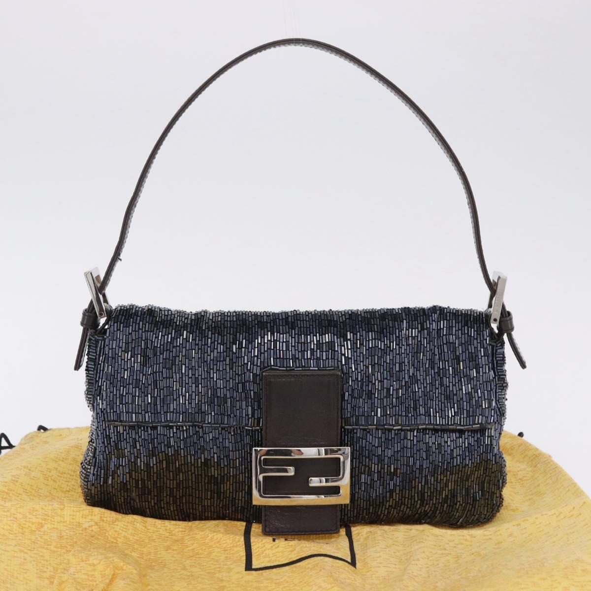 FENDI Mamma Baguette Shoulder Bag beads Navy Silver Auth yk20785SAM