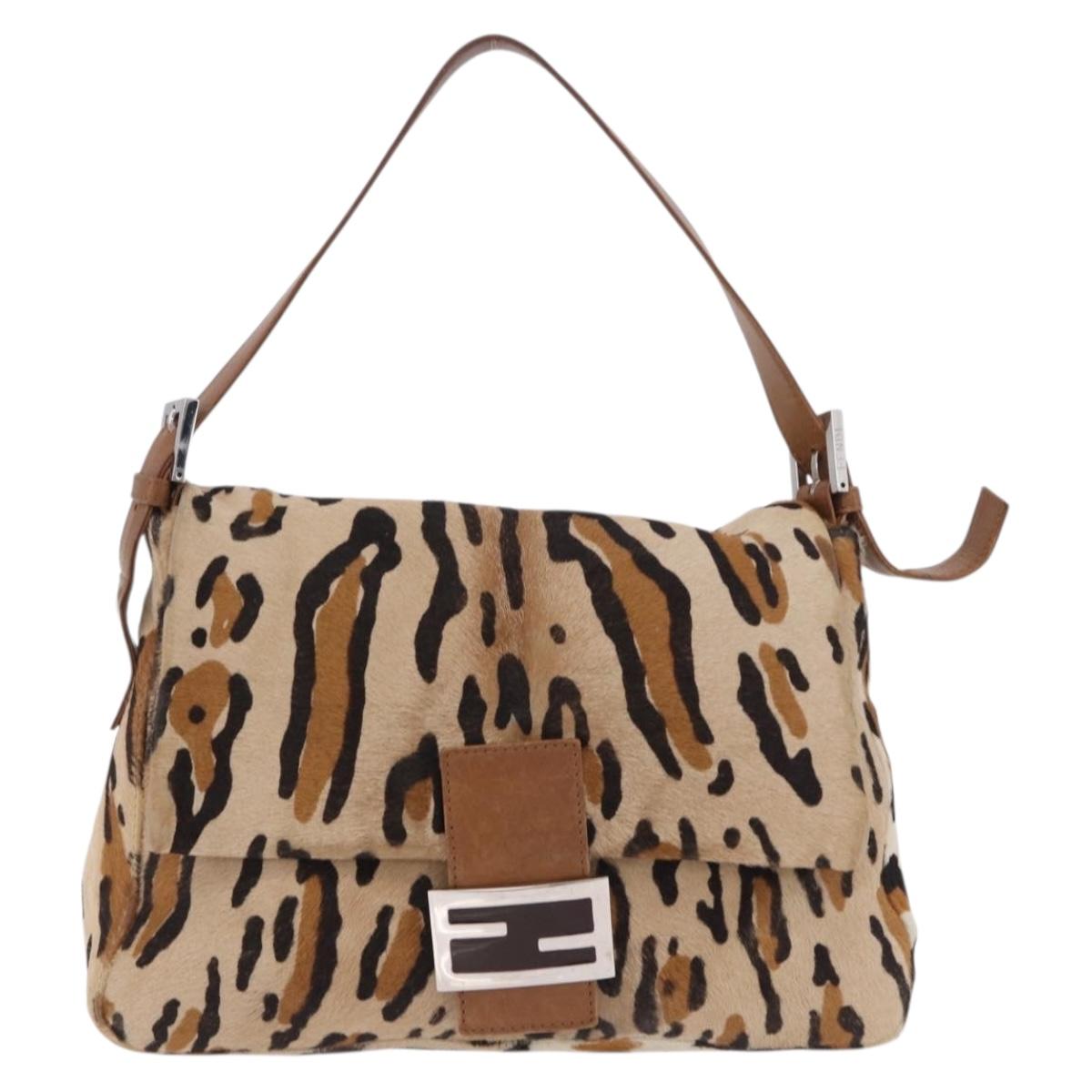 FENDI Leopard Pattern Mamma Baguette Bag Harako Leather Brown Auth yk20790SAM