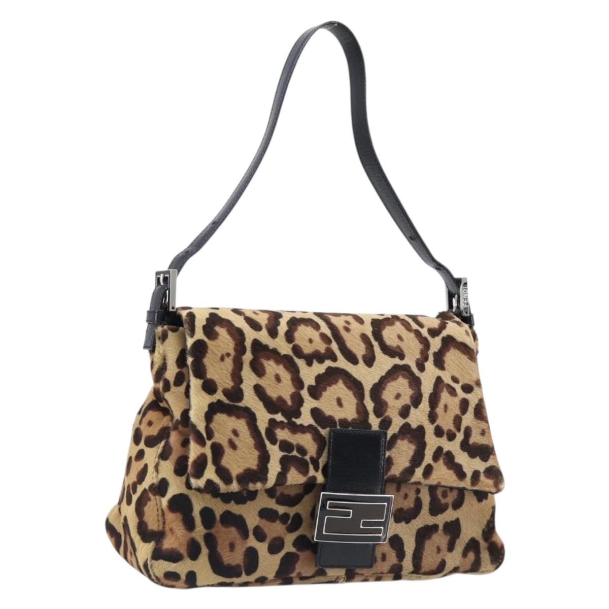 FENDI Leopard Pattern Mamma Baguette Bag Harako Leather Brown Auth yk20791SAM