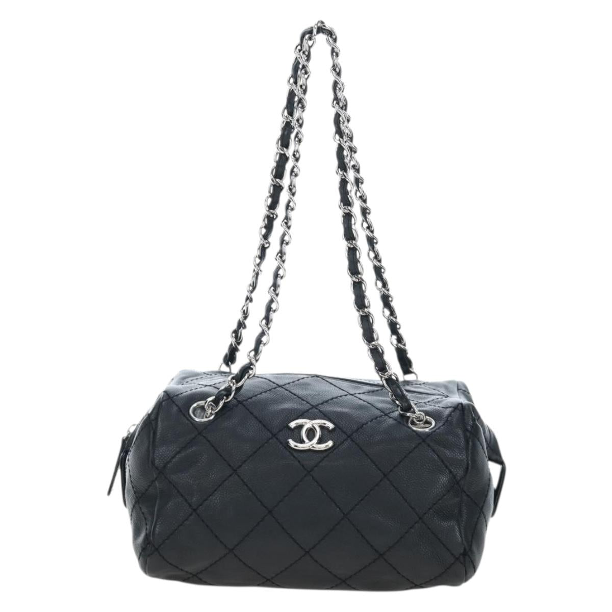 CHANEL Chain Matelasse Shoulder Bag Caviar Skin Black Silver CC Auth yk20796SAV