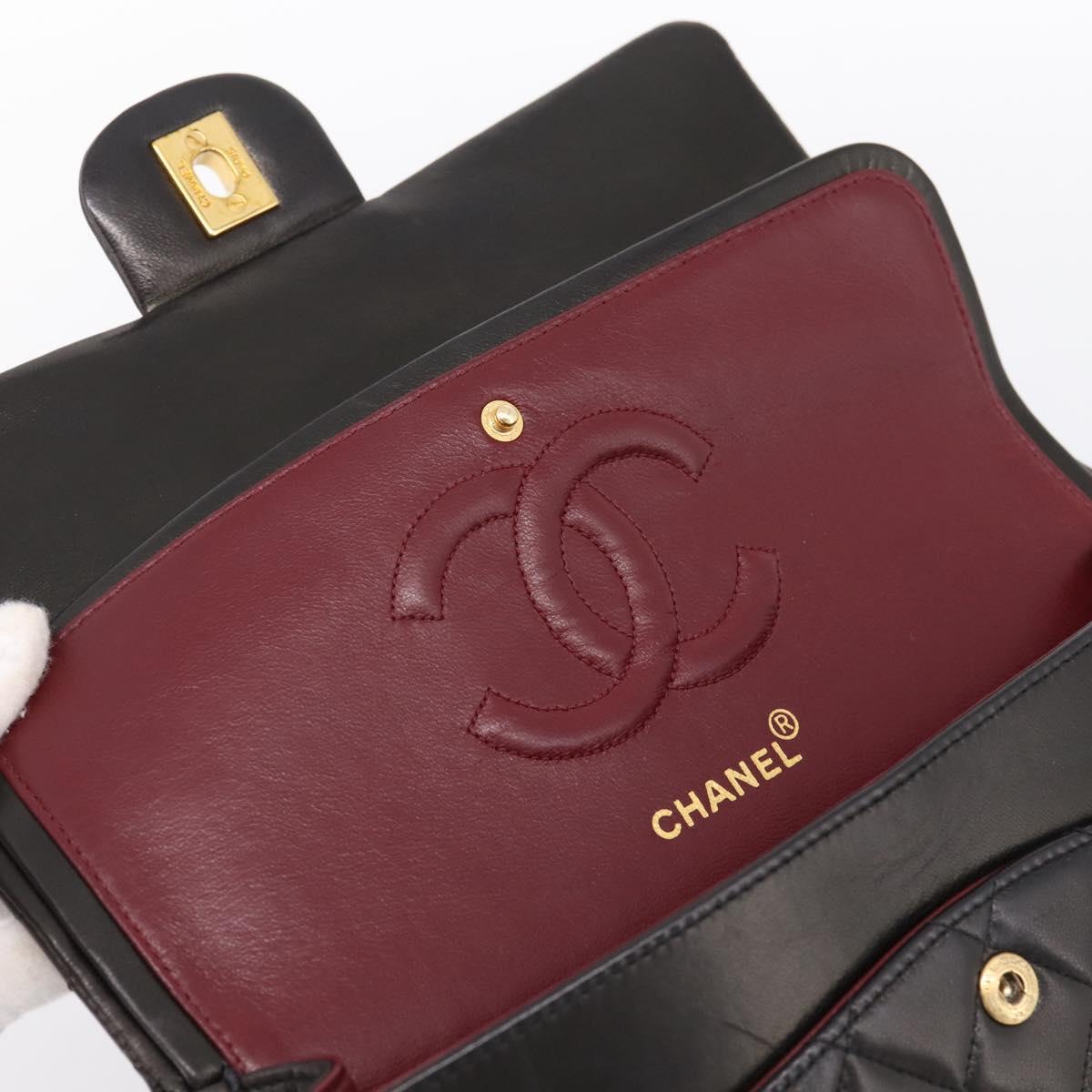 CHANEL Double Flap Chain Matelasse 25 Bag Lamb Skin Black Gold Auth yk20797SAM