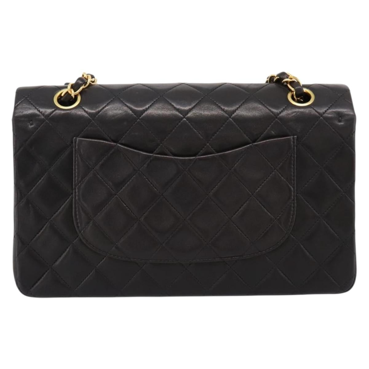 CHANEL Double Flap Chain Matelasse 25 Bag Lamb Skin Black Gold Auth yk20797SAM