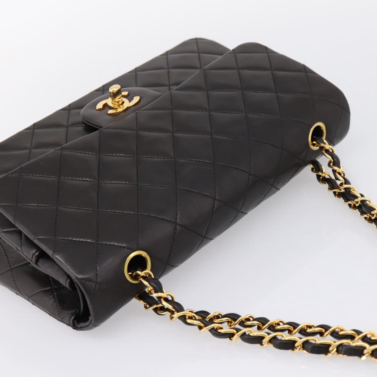 CHANEL Double Flap Chain Matelasse 25 Bag Lamb Skin Black Gold Auth yk20797SAM