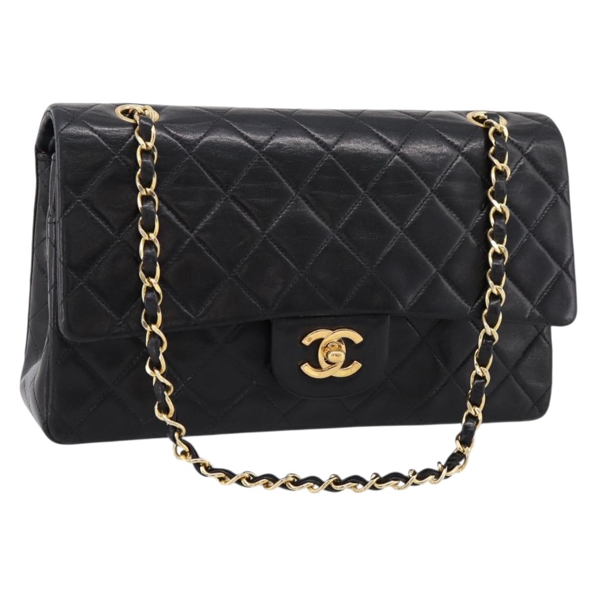 CHANEL Double Flap Chain Matelasse 25 Bag Lamb Skin Black Gold Auth yk20800SAM