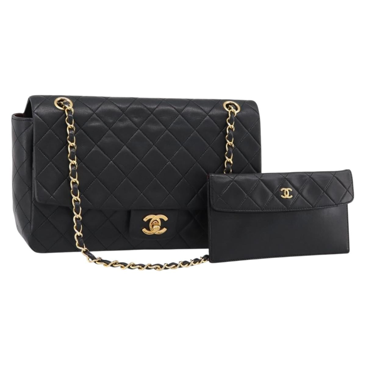 CHANEL Double Flap Chain Matelasse Bag Lamb Skin Black Gold CC Auth yk20805SAM