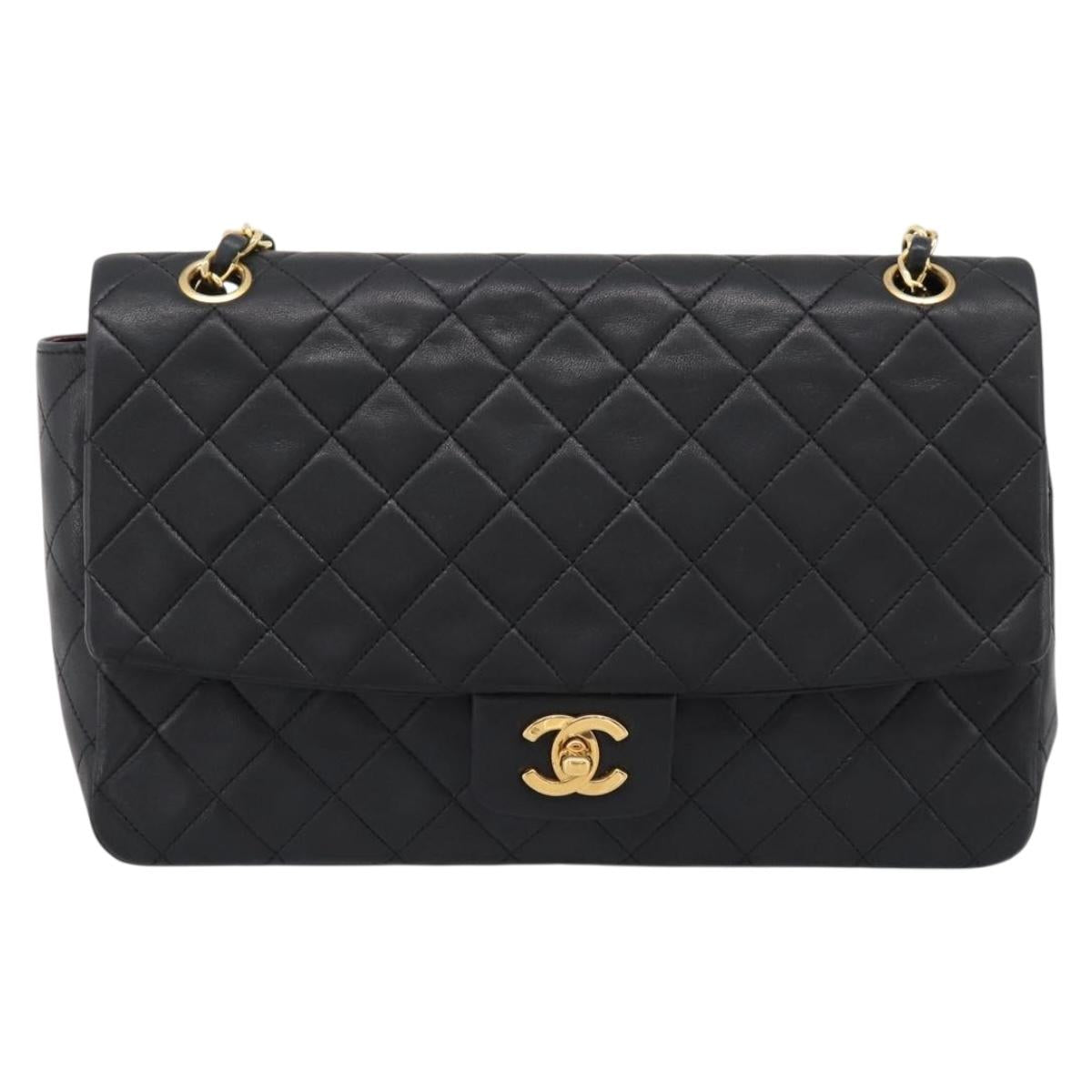 CHANEL Double Flap Chain Matelasse Bag Lamb Skin Black Gold CC Auth yk20805SAM