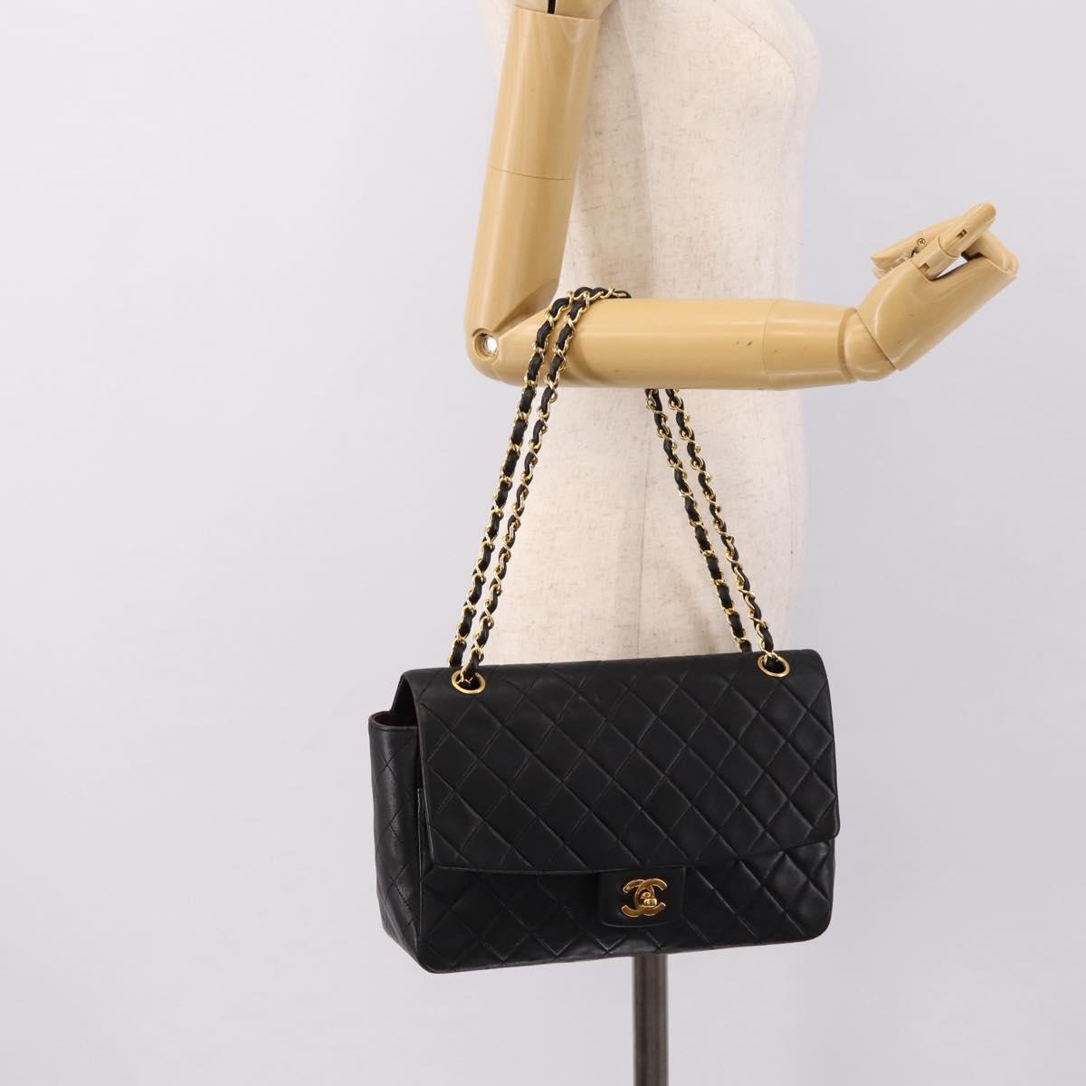 CHANEL Double Flap Chain Matelasse Bag Lamb Skin Black Gold CC Auth yk20805SAM