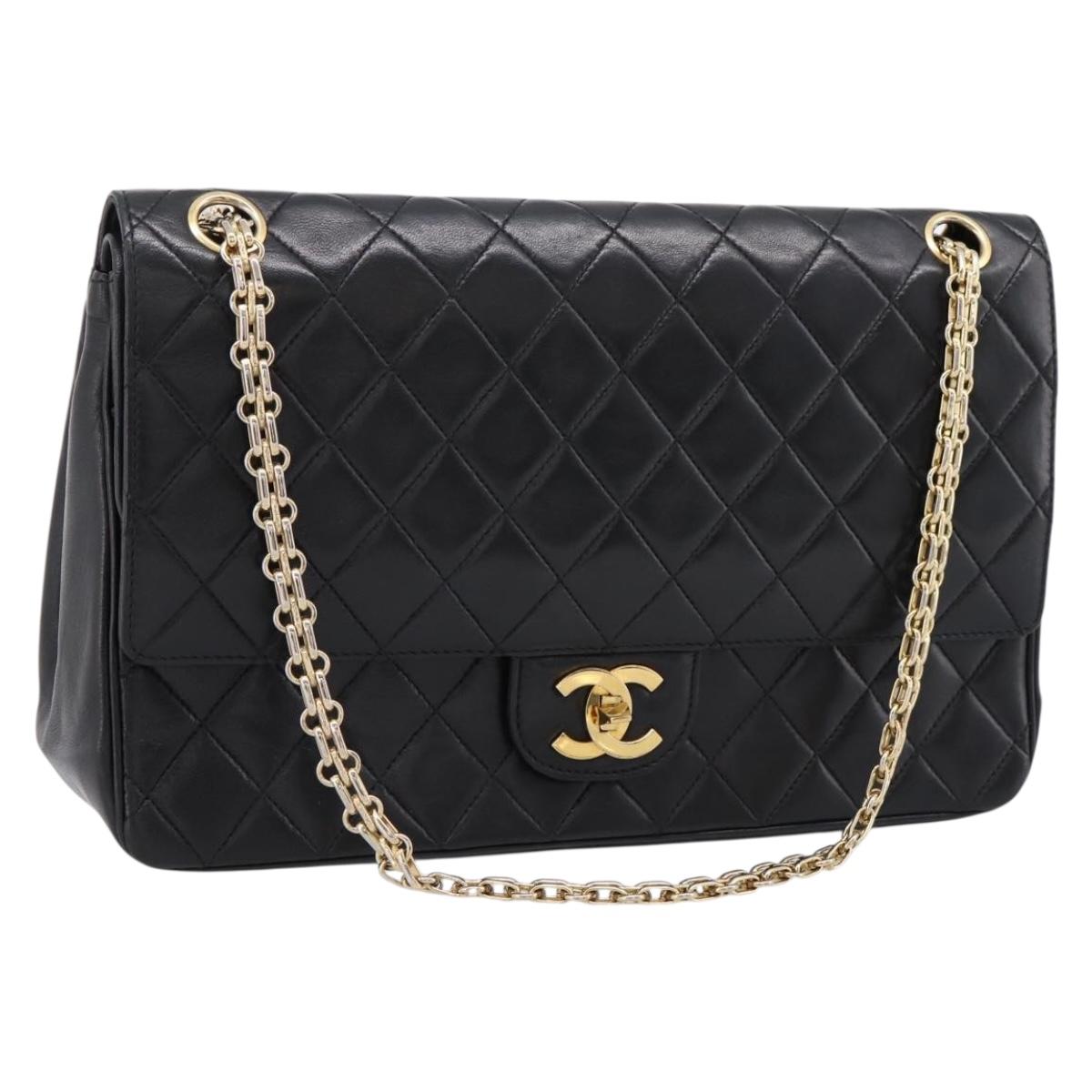 CHANEL Double Flap Chain Matelasse Bag Lamb Skin Black Gold CC Auth yk20806V