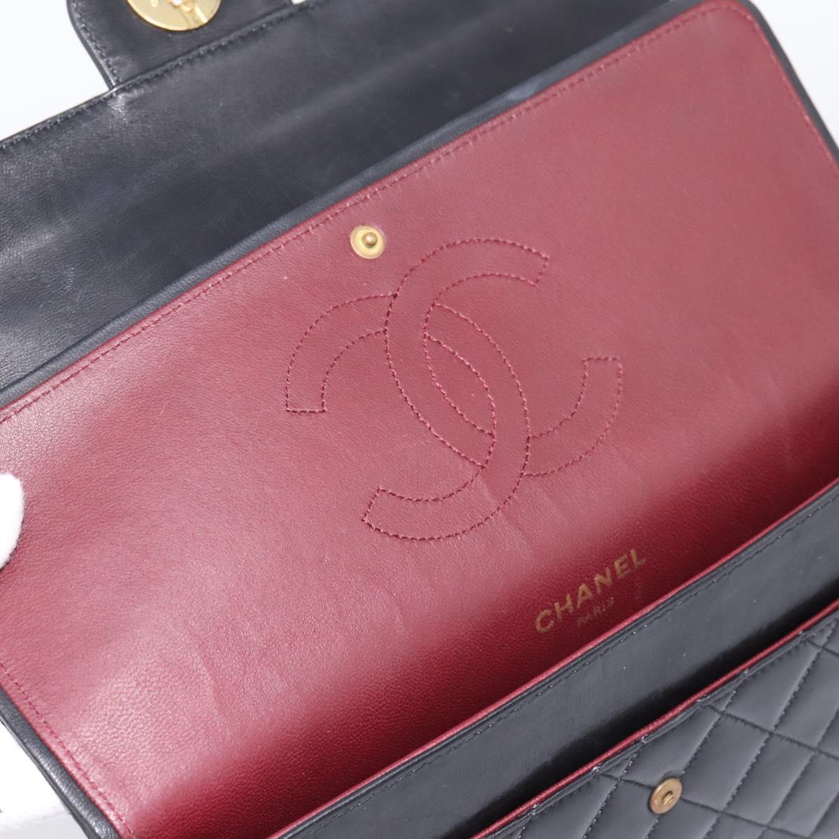 CHANEL Double Flap Chain Matelasse Bag Lamb Skin Black Gold CC Auth yk20806V