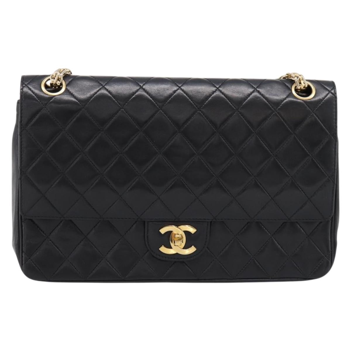 CHANEL Double Flap Chain Matelasse Bag Lamb Skin Black Gold CC Auth yk20806V