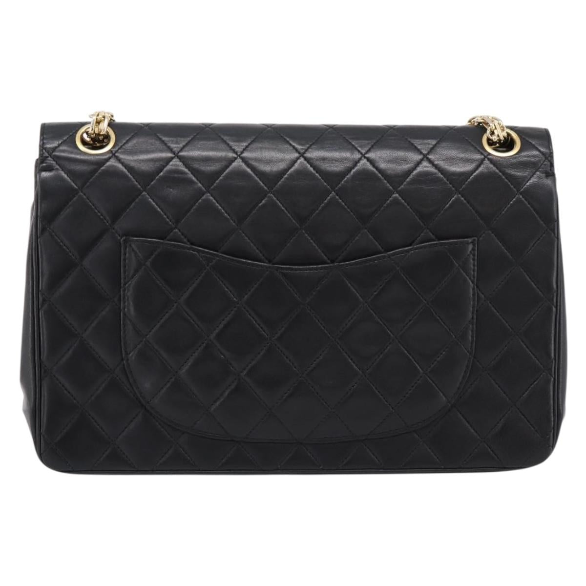CHANEL Double Flap Chain Matelasse Bag Lamb Skin Black Gold CC Auth yk20806V