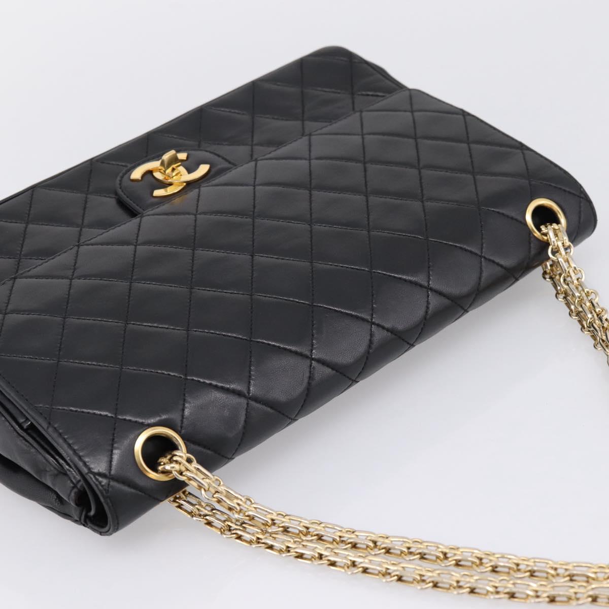 CHANEL Double Flap Chain Matelasse Bag Lamb Skin Black Gold CC Auth yk20806V
