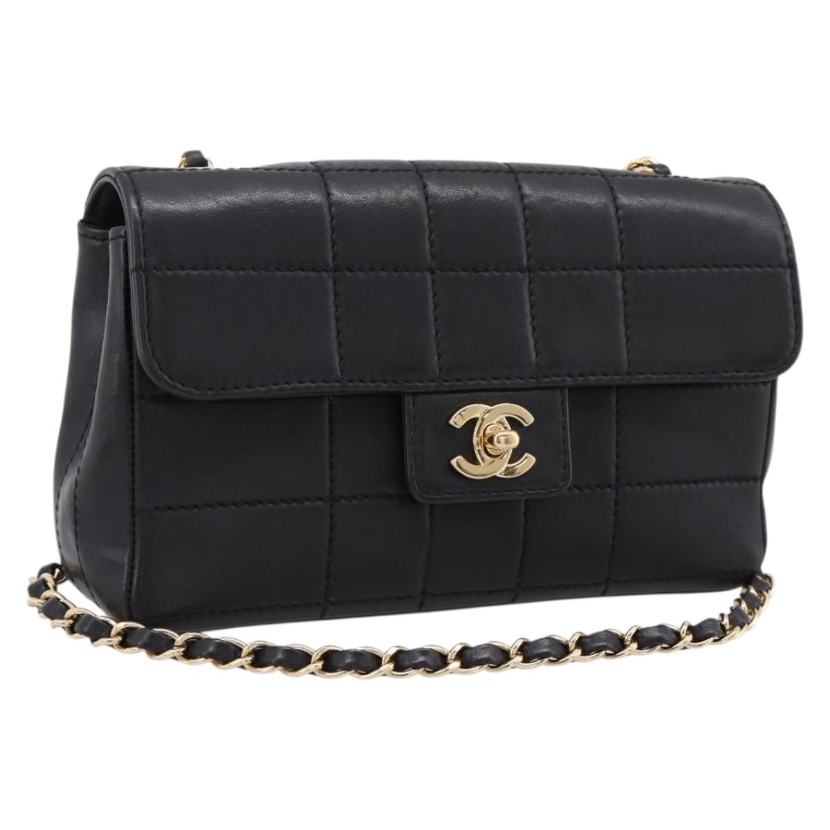 CHANEL Choco Bar Chain Shoulder Bag Lamb Skin Black Gold CC Auth yk20810SAM