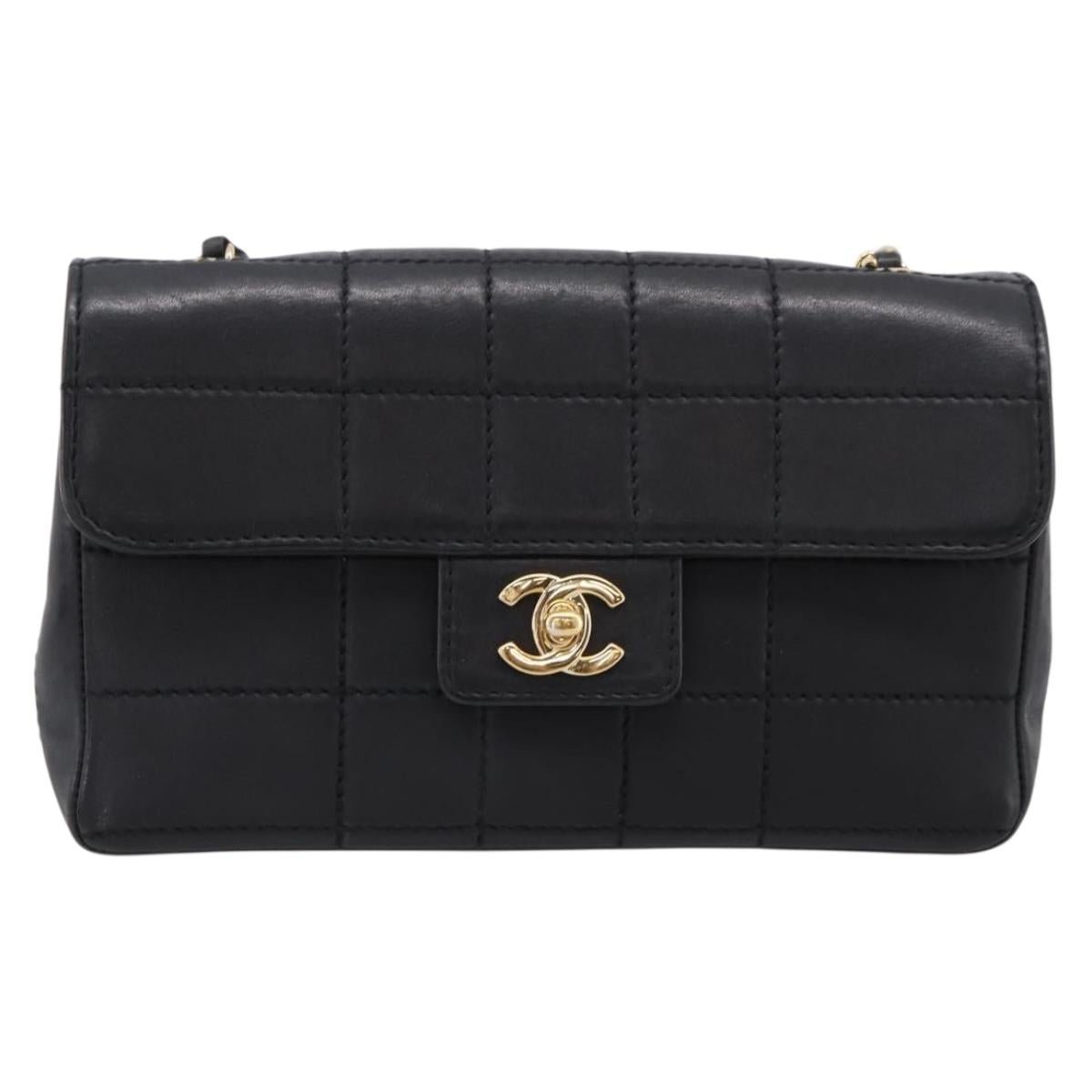 CHANEL Choco Bar Chain Shoulder Bag Lamb Skin Black Gold CC Auth yk20810SAM