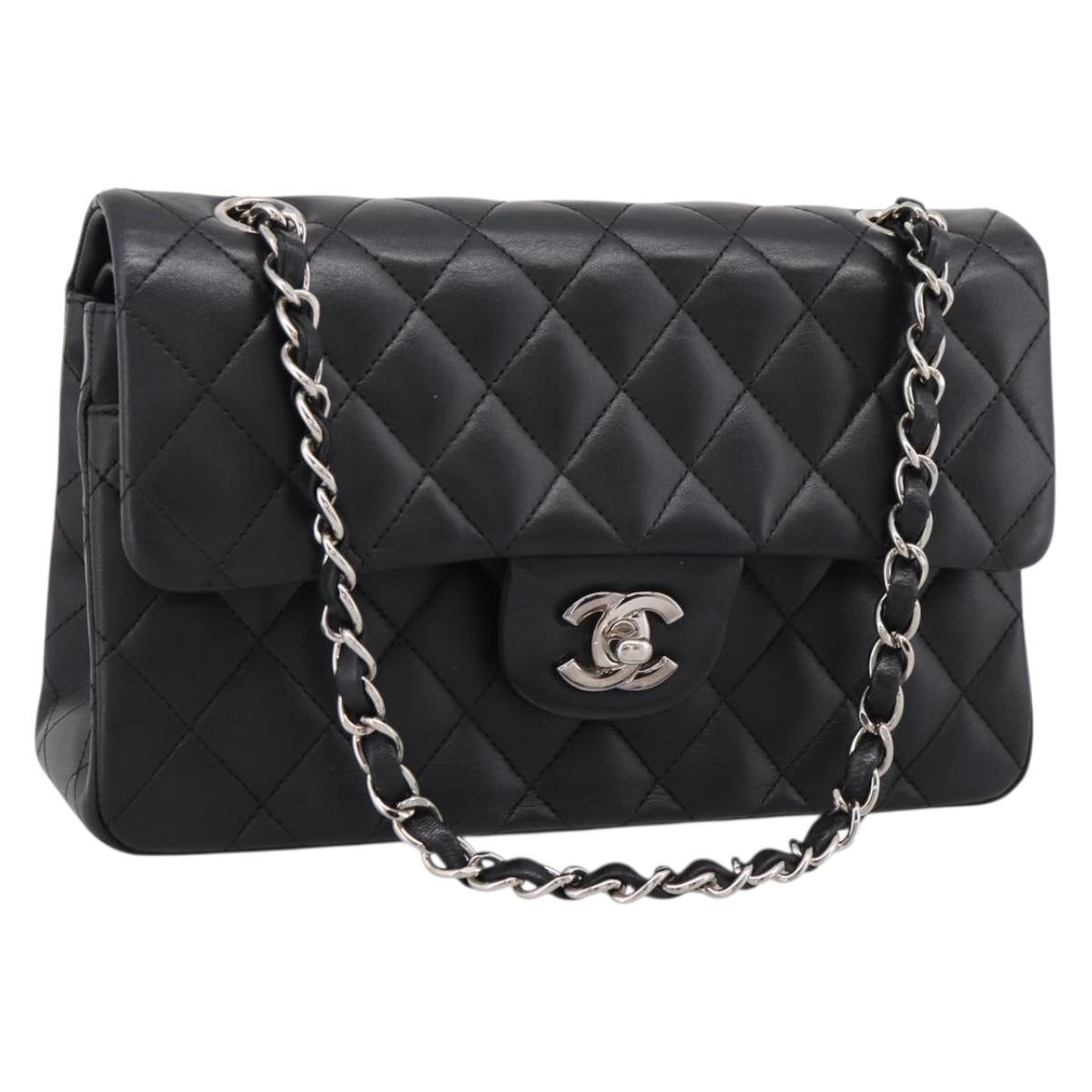 CHANEL Double Flap Chain Matelasse 23 Bag Lamb Skin Black Silver Auth yk20812SAM