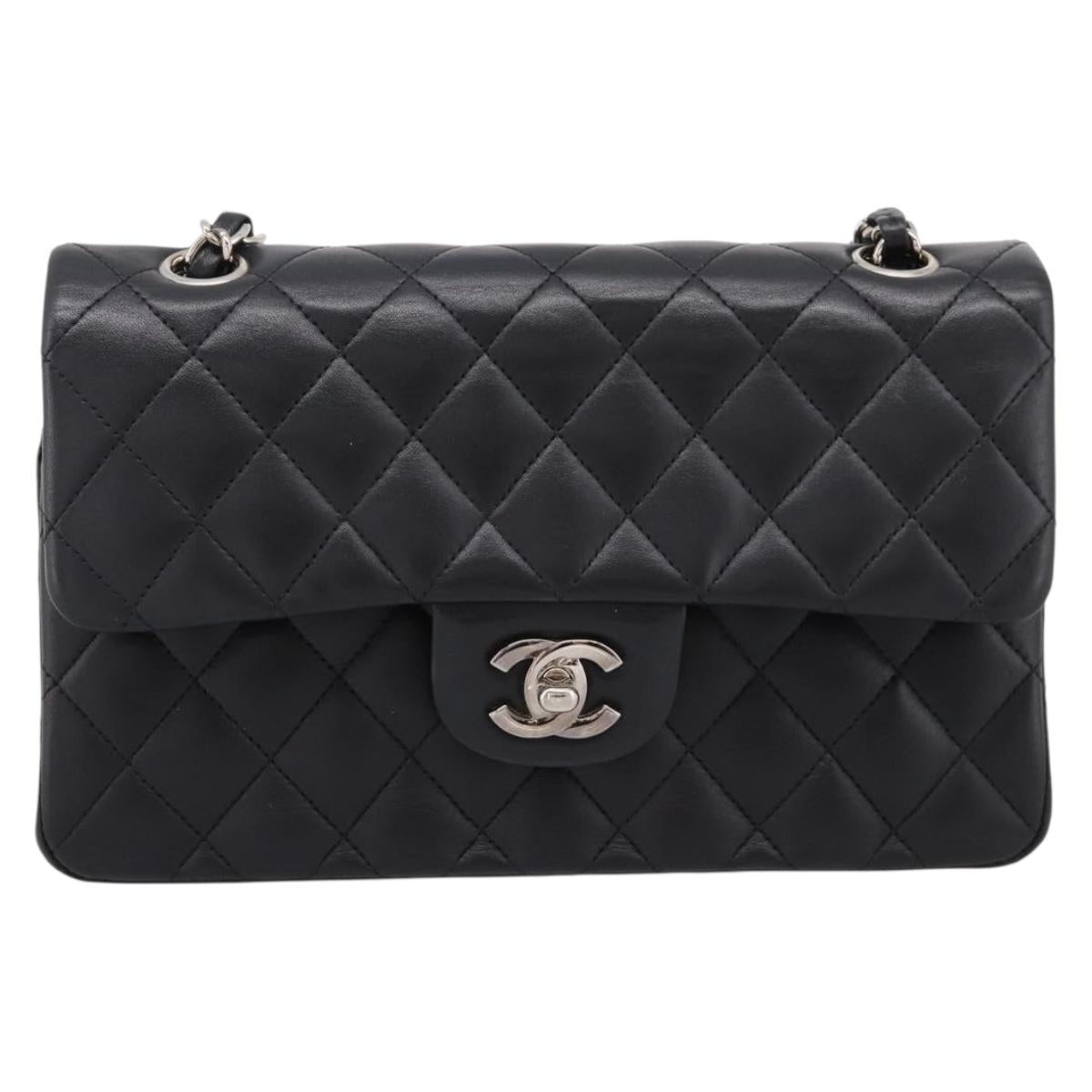 CHANEL Double Flap Chain Matelasse 23 Bag Lamb Skin Black Silver Auth yk20812SAM