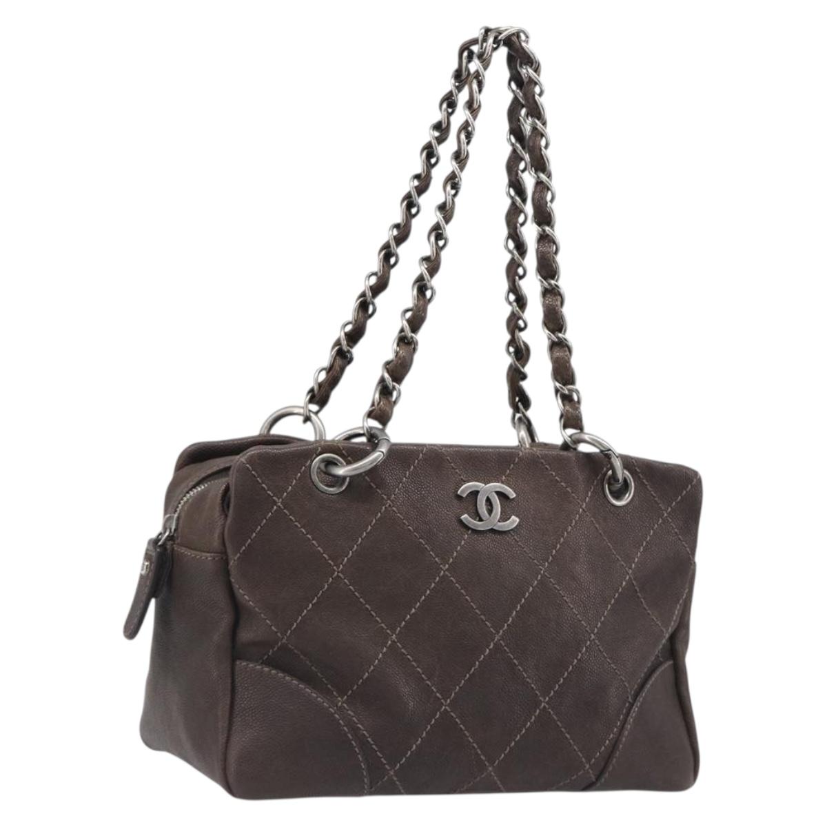 CHANEL Matelasse Wild Stitch Chain Bag Caviar Skin Brown Silver CC Auth yk20813V