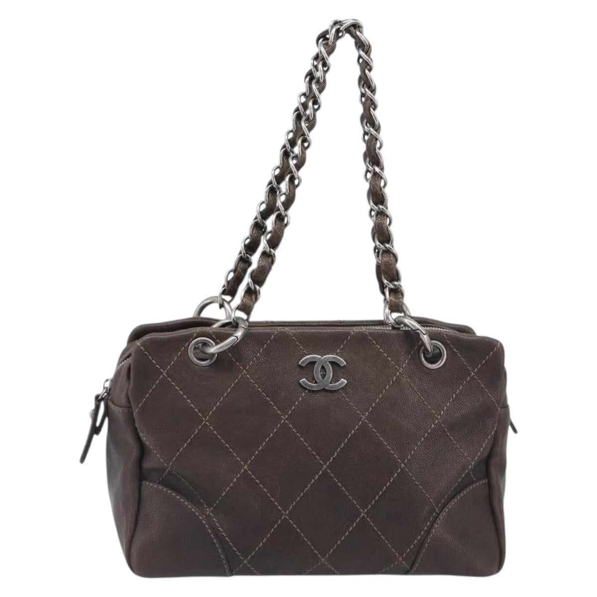 CHANEL Matelasse Wild Stitch Chain Bag Caviar Skin Brown Silver CC Auth yk20813V