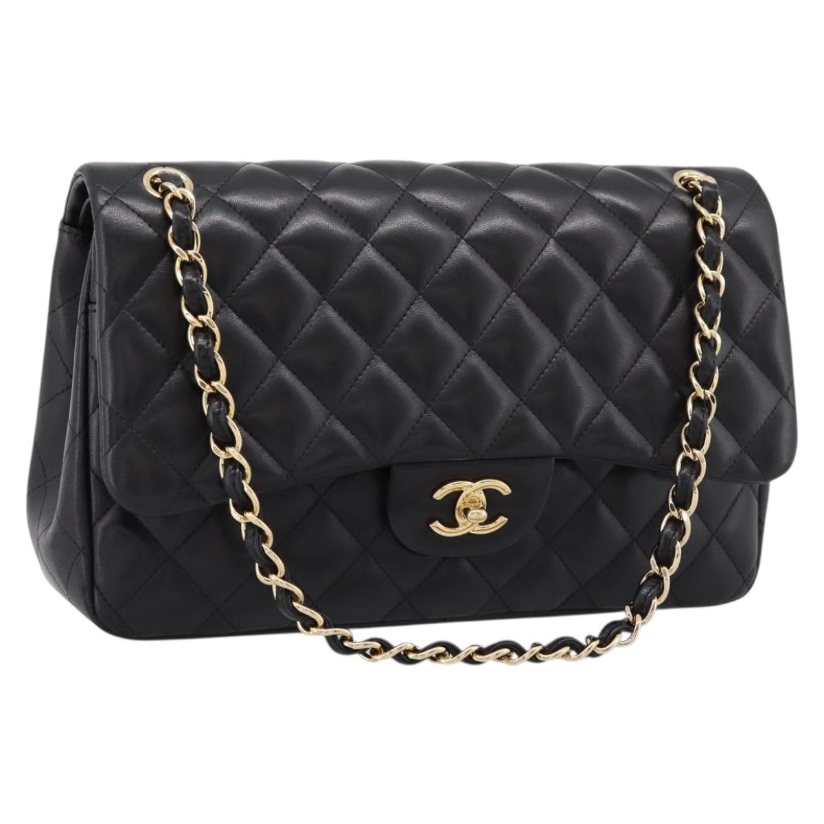 CHANEL Matelasse 30 Chain Double Flap Bag Lamb Skin Gold Black Auth yk20815SAM