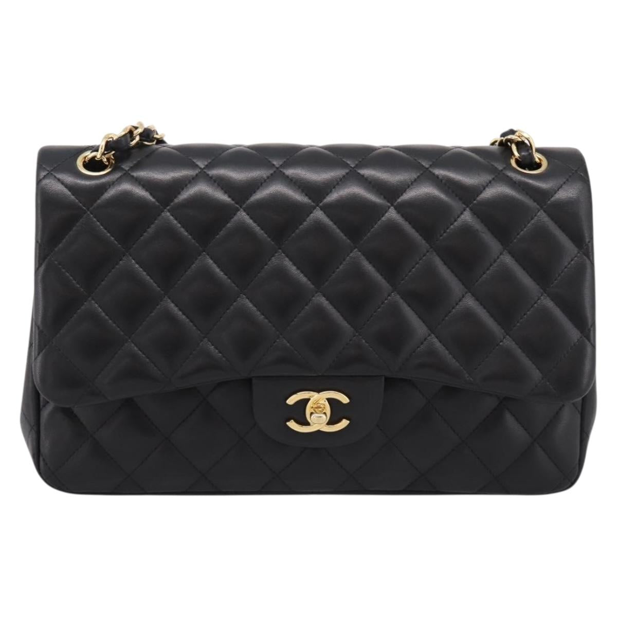 CHANEL Matelasse 30 Chain Double Flap Bag Lamb Skin Gold Black Auth yk20815SAM