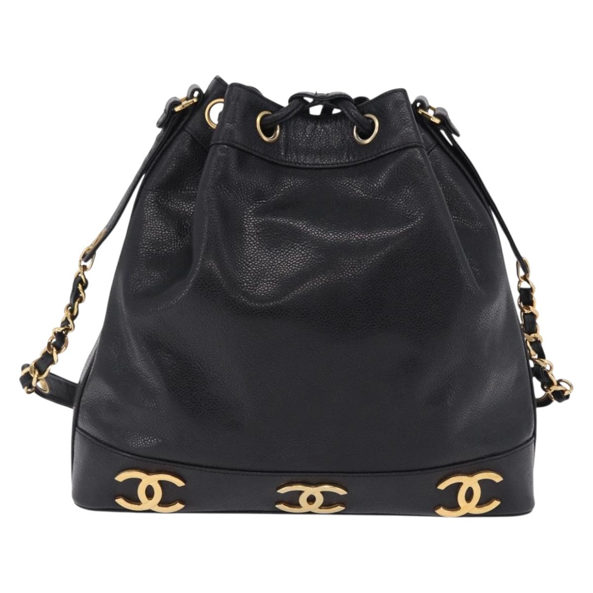CHANEL Triple Coco Chain Shoulder Bag Caviar Skin Black Gold CC Auth yk20817SAV