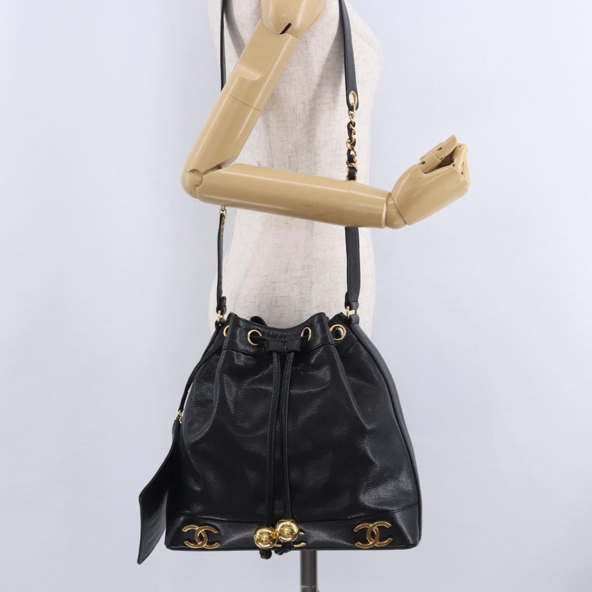 CHANEL Triple Coco Chain Shoulder Bag Caviar Skin Black Gold CC Auth yk20817SAV