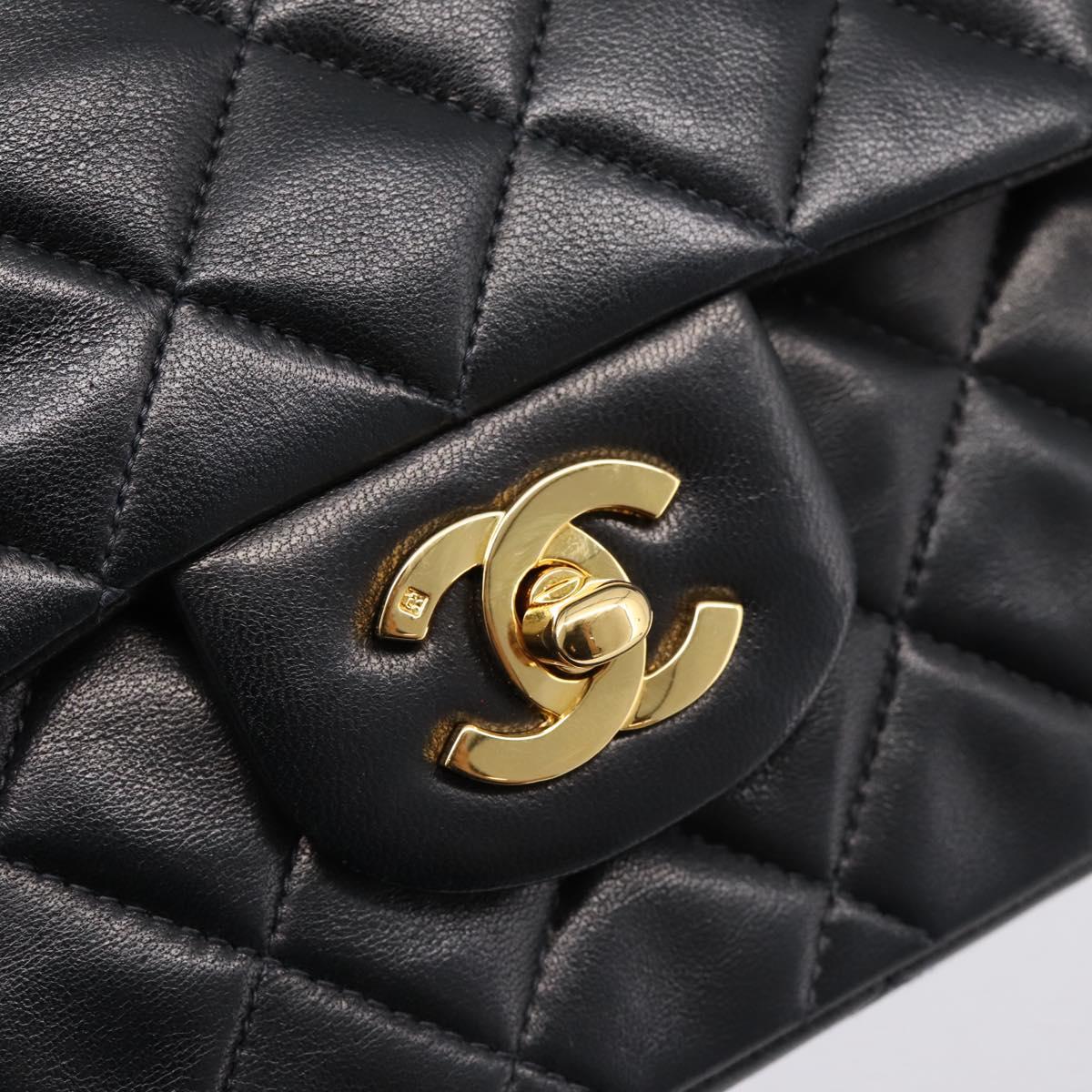 CHANEL Double Flap Chain Matelasse 25 Bag Lamb Skin Black Gold CC Auth yk20822SM