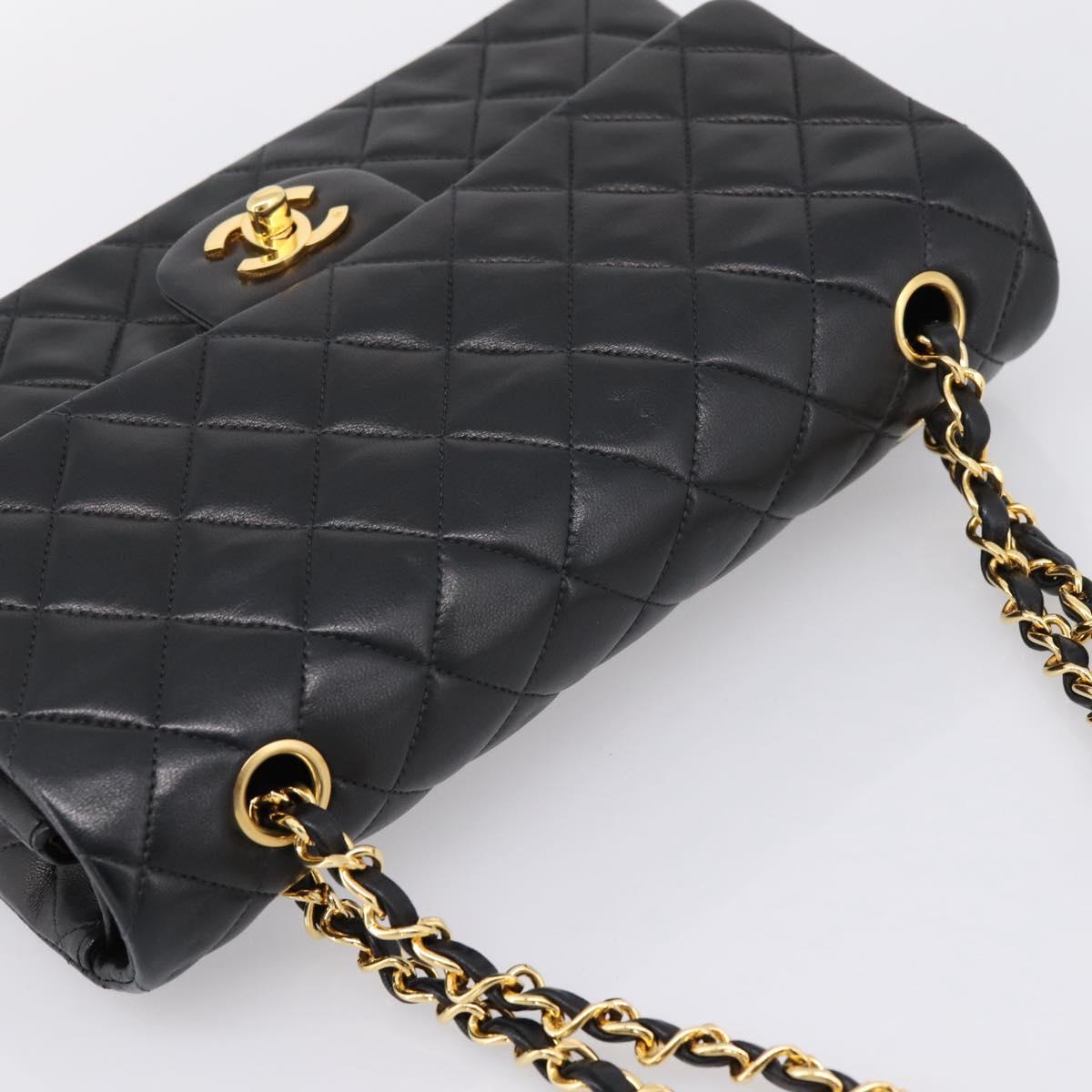 CHANEL Double Flap Chain Matelasse 25 Bag Lamb Skin Black Gold CC Auth yk20822SM