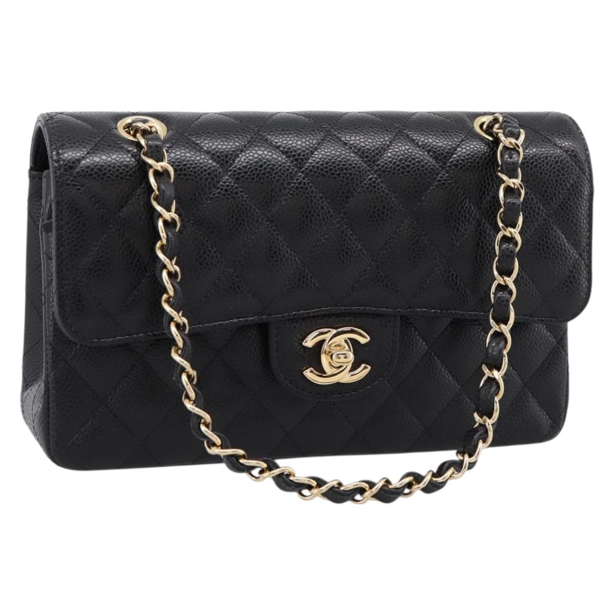 CHANEL Matelasse 23 Double Flap Chain Bag Caviar Skin Black Gold Auth yk20831SM