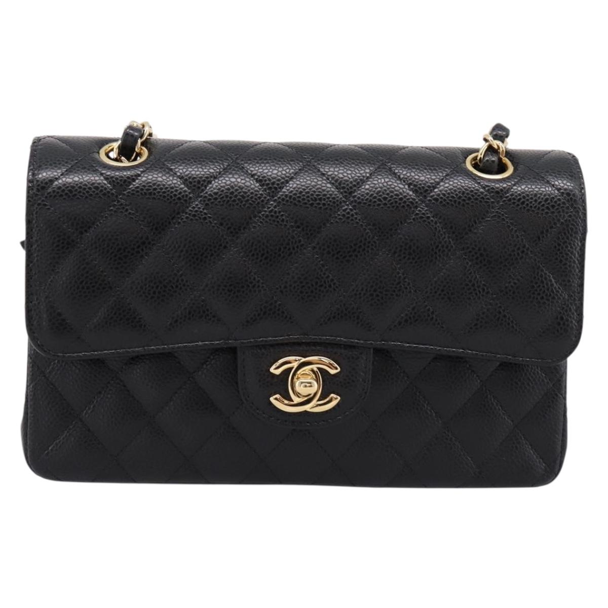 CHANEL Matelasse 23 Double Flap Chain Bag Caviar Skin Black Gold Auth yk20831SM